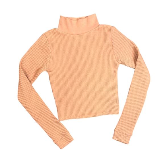 Aerie Blizzard Waffle Mockneck Tee Crop T-Shirt Tan Camel Brown Winter Top XS - Picture 7 of 7